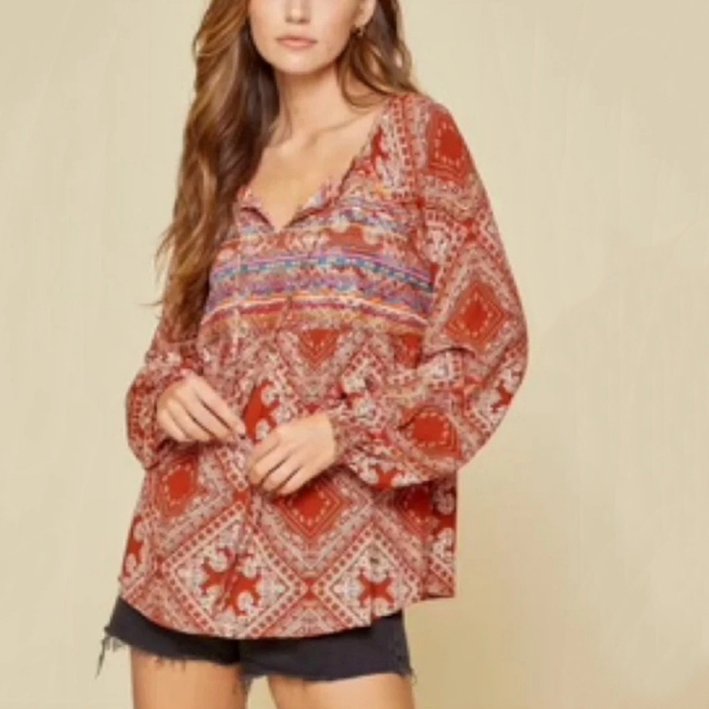 Savanna Jane Red Tan Bandana Embroidery Western Long Sleeve Blouse